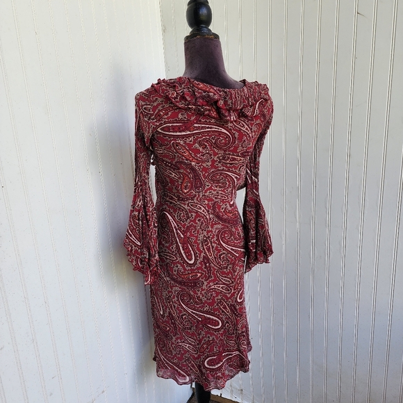 Express Red Paisley 100% silk Ruffle neck Flounch Sleeves Cinch Waist Dress 1/ 2 - Picture 6 of 14